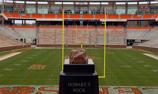 Howard's Rock sits on its stand at the entrance to an empty Memorial Stadium in Clemson.