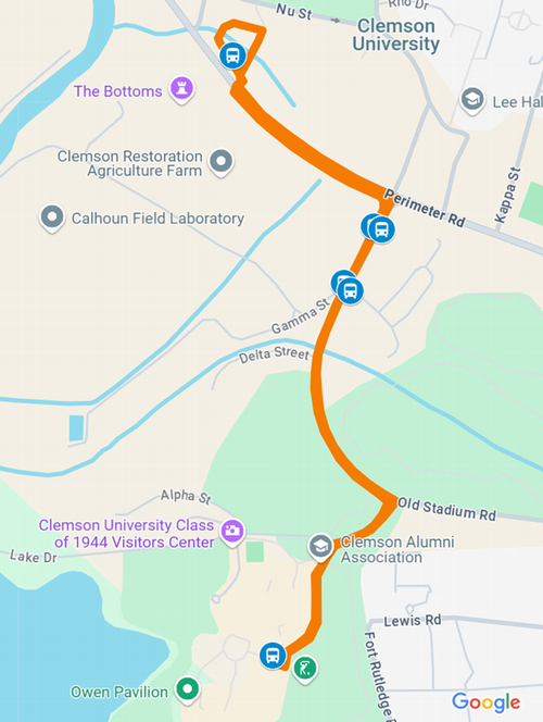Employee Route alignment going from Madren Center bus stop, making a left on Old Stadium Rd, stopping at Facilities Ground entrance. Then turn left on Perimeter Rd, right into C-2 Parking lot, and stopping at the a-frame sign in the lot. The bus returns by exiting C-2 onto Perimeter Rd, right on Old Stadium Rd, stopping at the ASB building and entrance of C-14 before returning to the Madren Center.