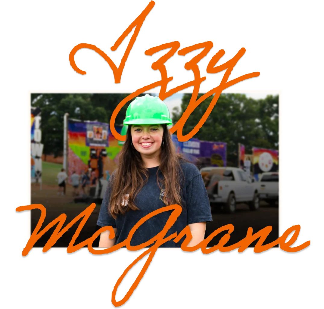 A graphic depicting a female student in a hard hat in front of the text, Izzy McGrane