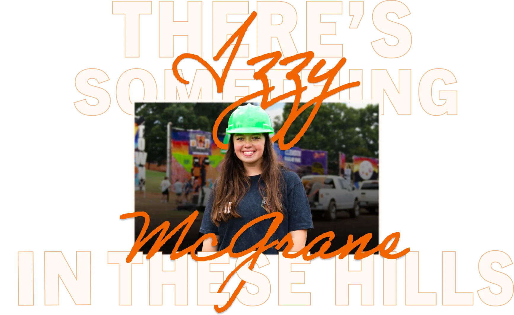 A graphic depicting a female student in a hard hat in front of the text, Izzy McGrane, There's something in these hills