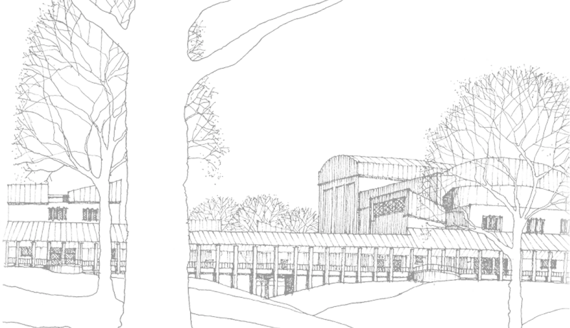 An architectural sketch of the Brooks Performing Arts Center with a tree in the foreground