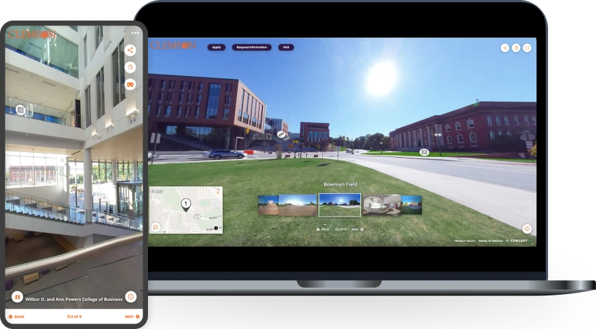 A mockup of a cell phone and laptop both showing screenshots of a 3d virtual tour of clemson's campus with landmarks indicated on screen