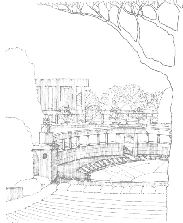 James Barker Sketch of The Clemson amphitheater and library
