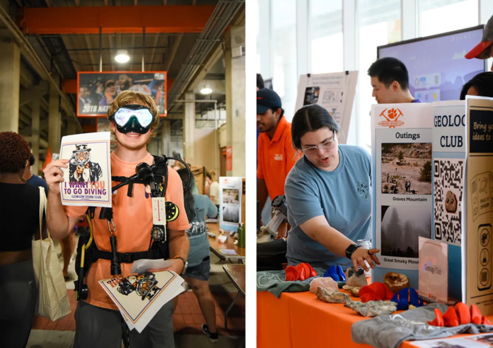 A composite image of A female student points to an artifact on a table with a poster about the geology club in the Watt Center atrium and a A smiling male college student wearing scuba gear over shorts and a tshirt stands with a poster for the scuba club at TigerProwl. 