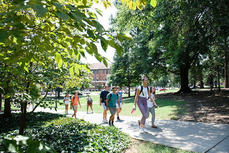 A group of students with backpacks walks on a sidewalk between green space on campus.