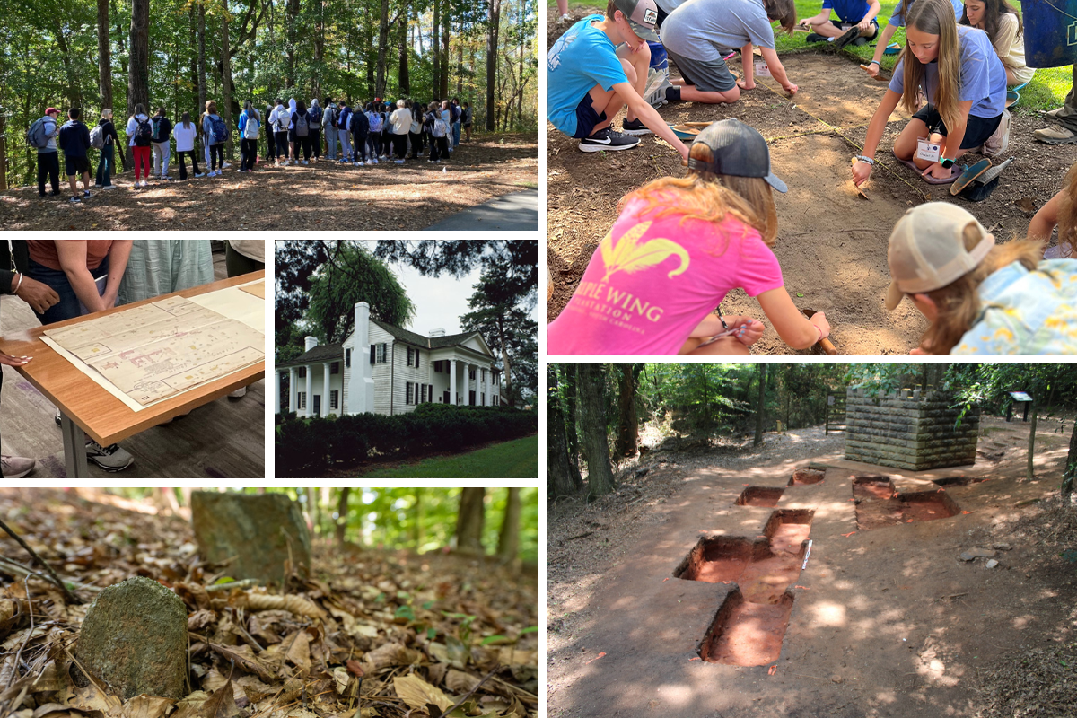 A collage showing students in the archives, on history tours, and at an archaeological dig.