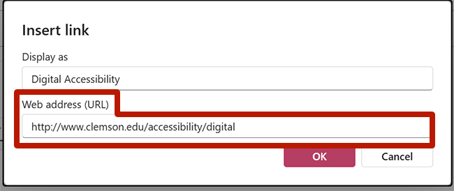 Screenshot of the hyperlink dialog in Microsoft outlook for windows.