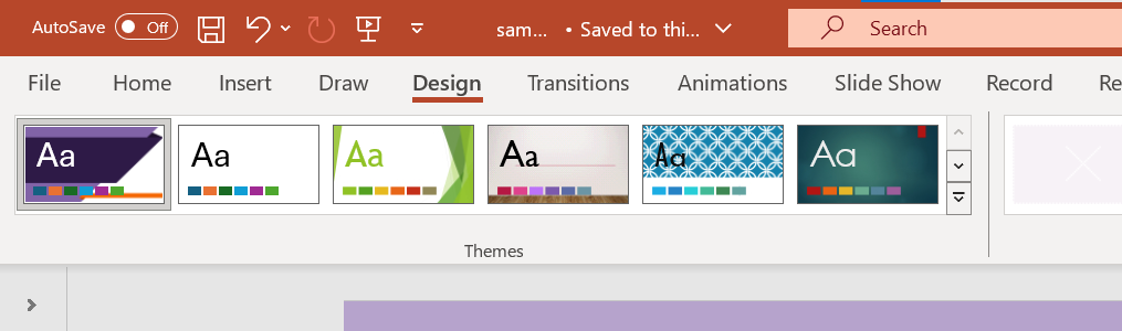 screenshot of the design ribbon in power point