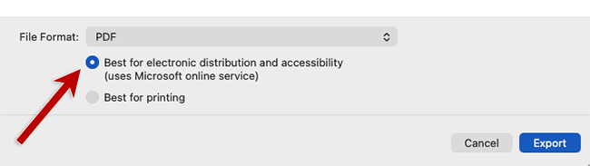 Screenshot of an export dialog showing “File Format: PDF” with the “Best for electronic distribution and accessibility” option selected.