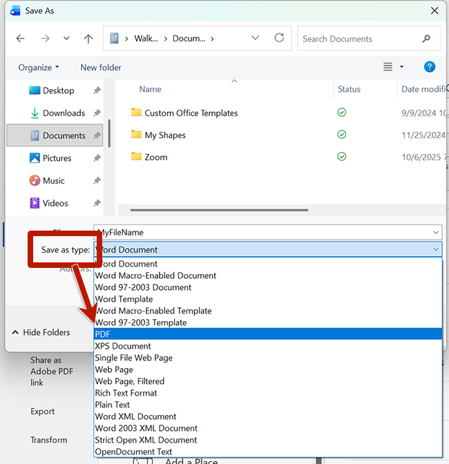 Windows “Save As” dialog with the “Save as type” dropdown expanded, highlighting PDF as the selected file format.