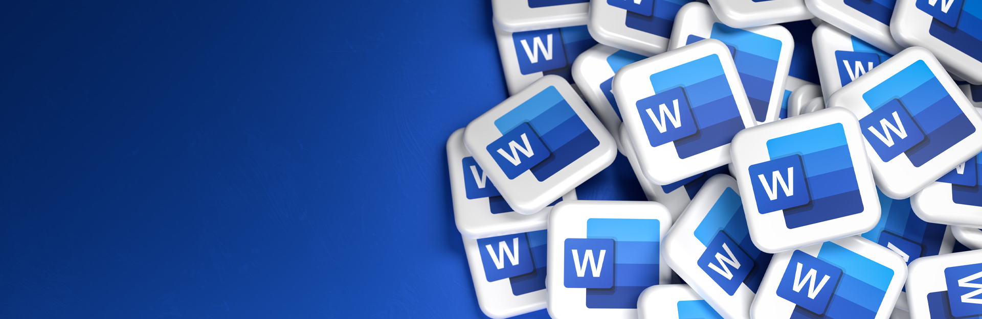 a pile of Microsoft word logo tiles stacked on a blue solid background