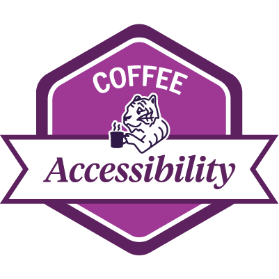 COFFEE Accessibility logo with an illustrated tiger holding a coffee cup