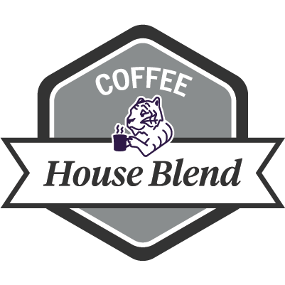 COFFEE house blend logo with an illustrated tiger holding a coffee cup