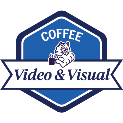 COFFEE video and visual logo with an illustrated tiger holding a coffee cup