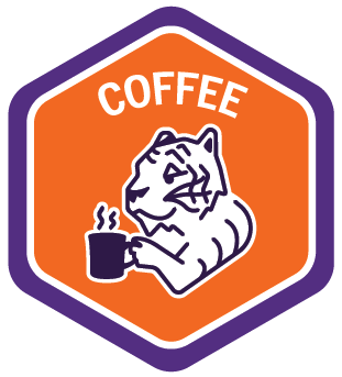 COFFEE logo with an illustrated tiger holding a coffee cup