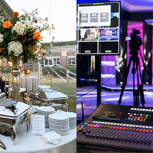 split image of decorations at an outdoor event on left and indoor recording studio at right