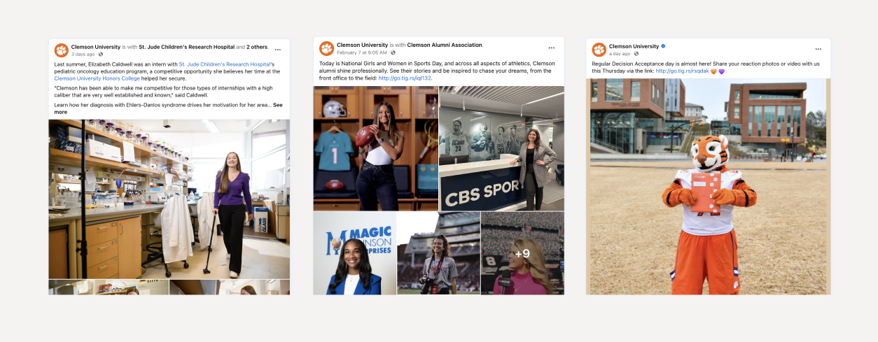 Three examples of Clemson Universities Facebook Page