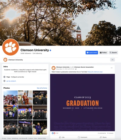 Screenshots of Clemson Universities Facebook Page