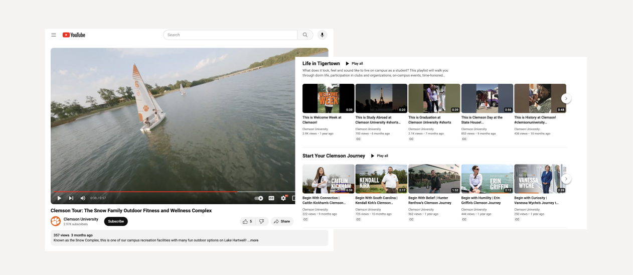 Example of Clemson Universities YouTube channel