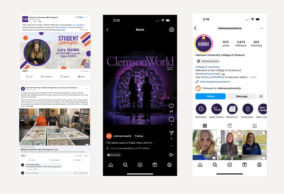 Top Left: Example of Clemson Universities LinkedIn page. Bottom Left: Example of Clemson Universities Facebook Page. Middle: Example of Clemson Universities Instagram Reels. Right: Example of Clemson Universities Instagram Page.