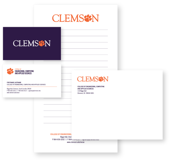 Clemson letterhead, business cards and envelopes. 