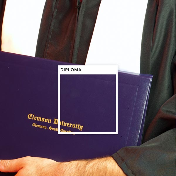 An purple Clemson diploma cover has a square set apart noting the color Diploma. 