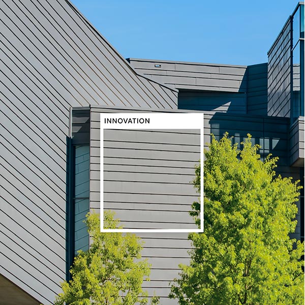  A square is overlaid on a corner of the CU-ICAR Innovation Campus' exterior with the color title, Innovation.