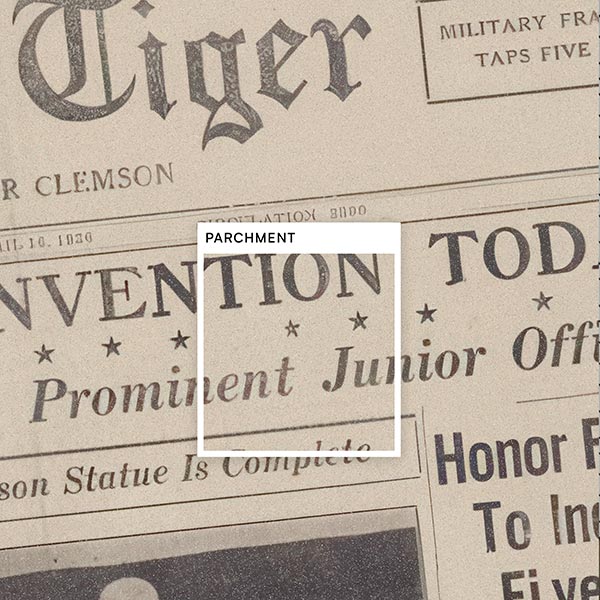 A square is overlaid on an old print of The Tiger student newspaper with the color title, Parchment.