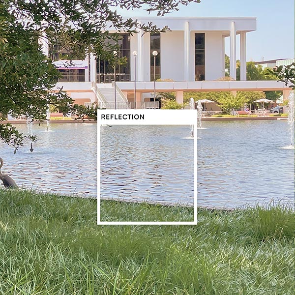 A square is overlaid on a view of the Reflection Pond and Cooper Library with color title, Reflection.