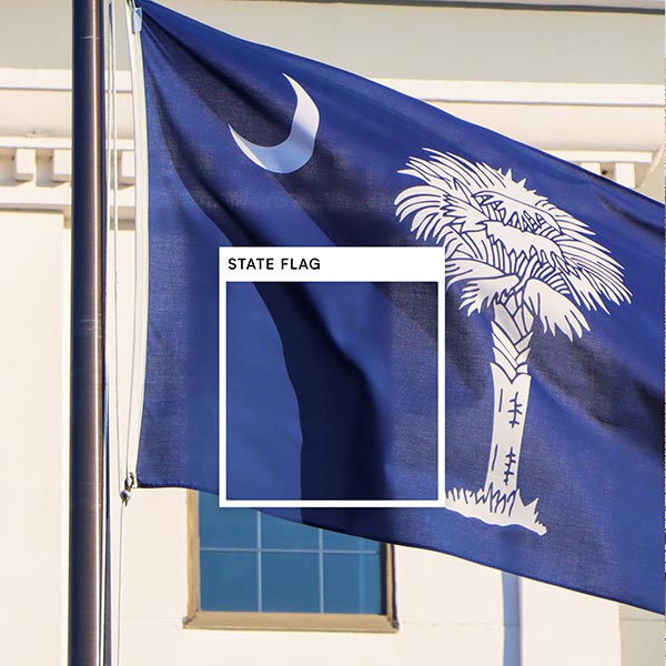 A square is overlaid on an image of a navy flag with white Palmetto tree and crescent moon flag waving in the wind with color title, State Flag. 