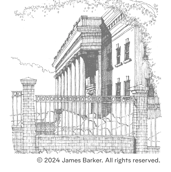 Architectural sketch of Sikes Hall with a brick and iron fence in front and large trees behind. Copyright 2024 James Barker. All rights reserved. 