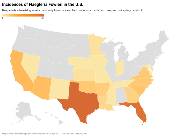  Incidences of Naegleria Folweri in the U.S. are shown by state according to color. Texas and Florida show the highest number of incidences, followed by California and Arizona.