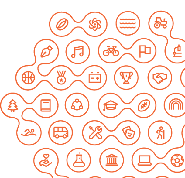 Orange line-drawn icons organized in a hexagon shape. 