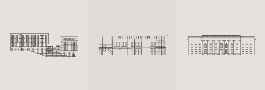 Three line illustrations of the business building, Cooper Library and Sikes Hall at Clemson. 