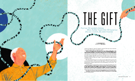 Magazine story illustration of a man with white hair and a weaving Tiger tail. Story title is, 'The Gift.'  