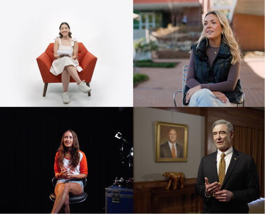 Four people in varying interview settings, three sit in chairs and one stands in a boardroom.