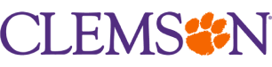 Clemson wordmark in purple text with an orange paw