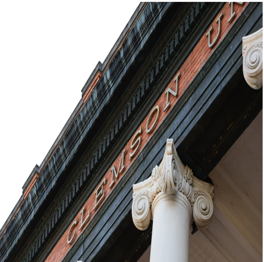 "Clemson" lettering on the front of Sikes Hall. 