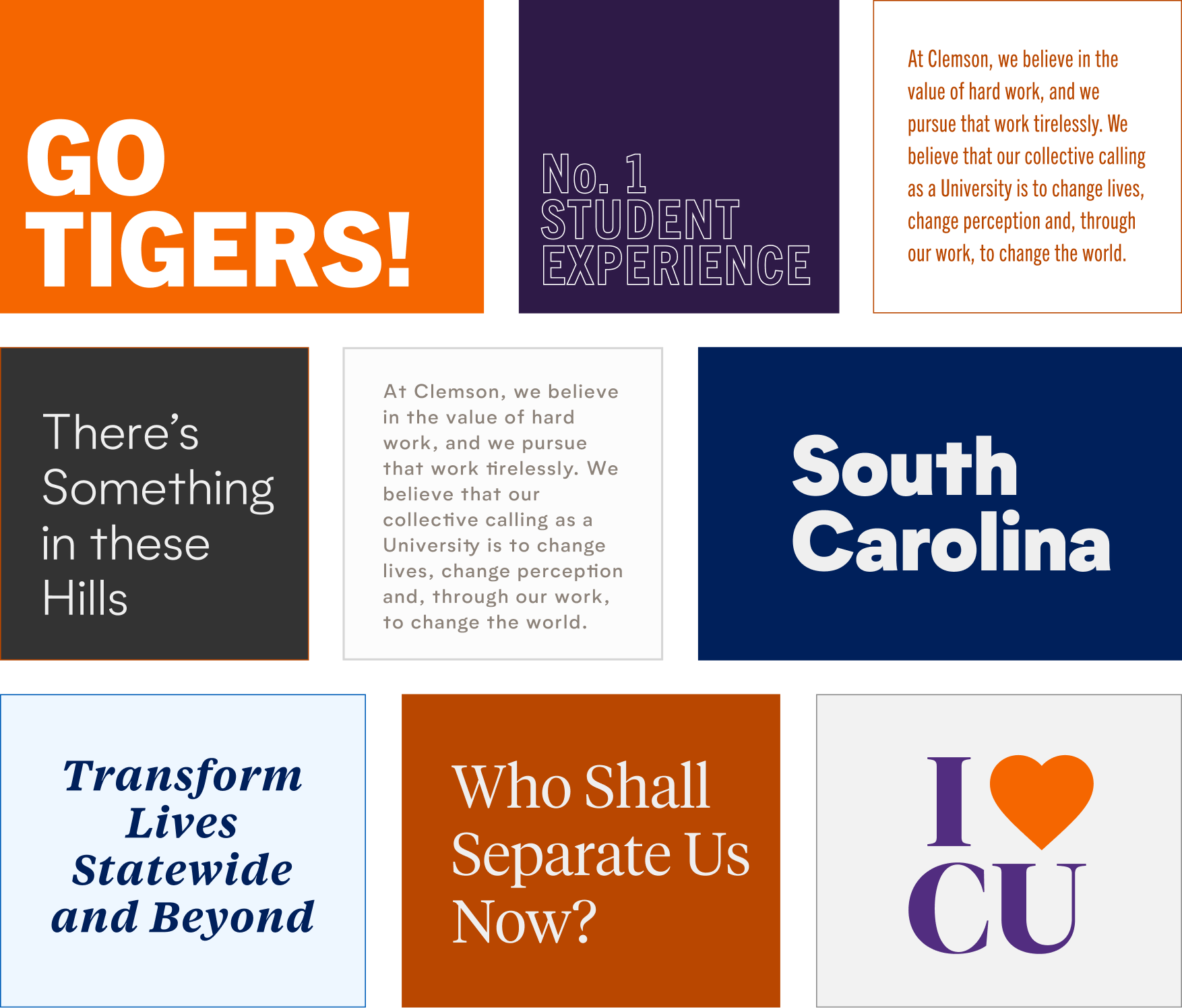 A collage includes examples of Clemson's varied brand fonts set against grey, orange, navy blue and purple backgrounds. 