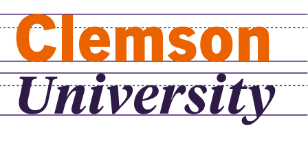  "Clemson" is bolded with orange text on graphics of lined paper. "University" bolded, italicized and purple below it. 