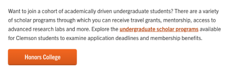 a brick-colored bold link in a paragraph followed by an orange button