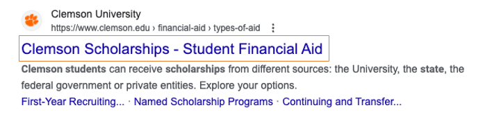 search engine result with the page meta title 'Clemson Scholarships - Student Financial Aid' highlighted