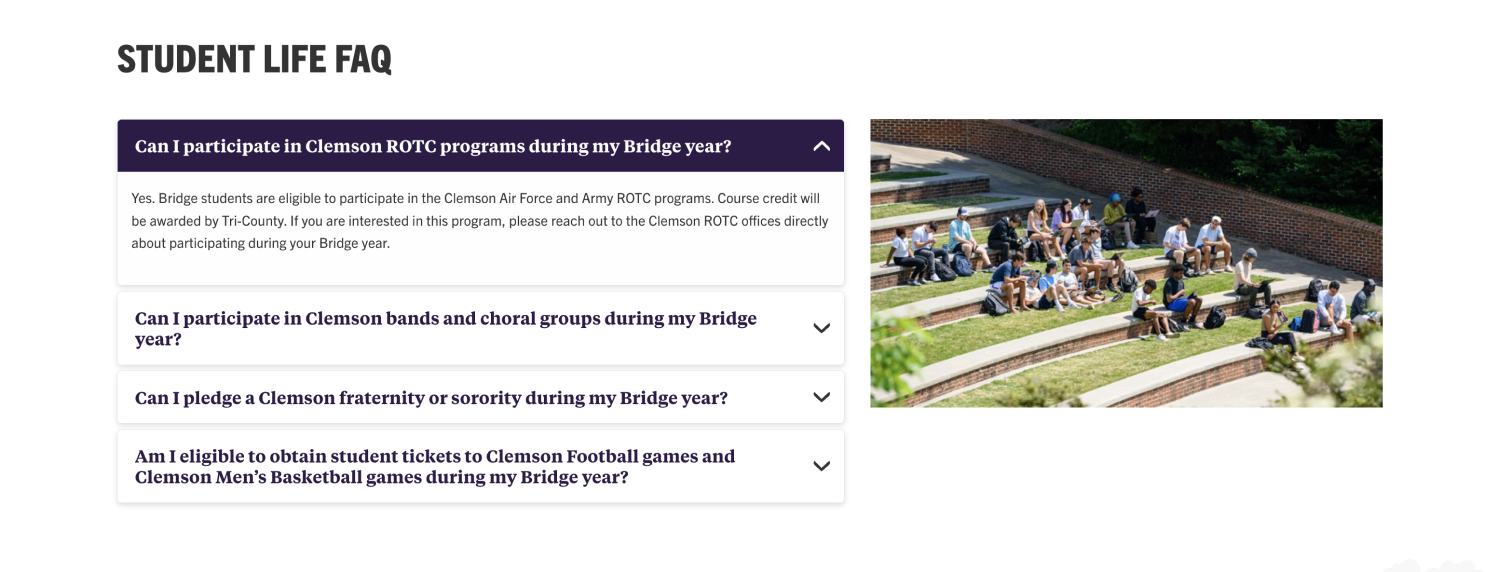Student life FAQ heading with four accordion items below