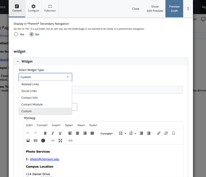 The page edit screen in the content management system with the Select Widget Type dropdown active and Custom option highlighted.