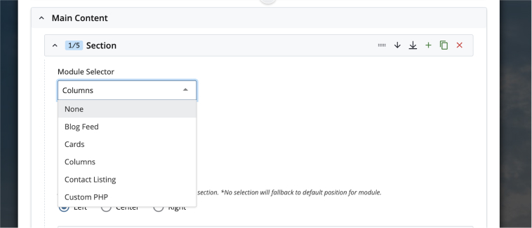 Module selector dropdown in the Cascade server page editor