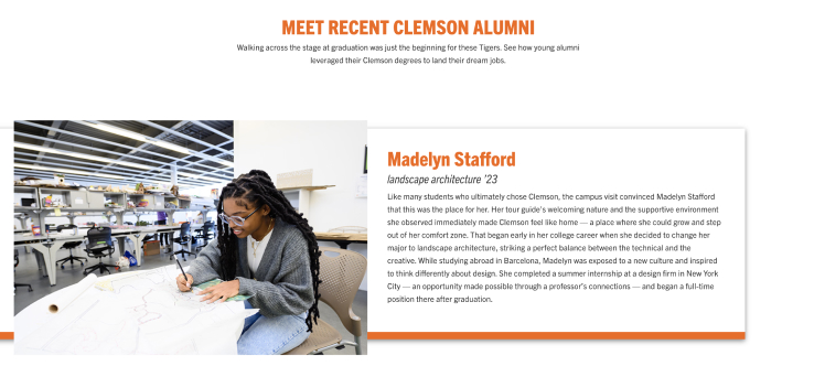 a Clemson University web page showing an orange and white bar design element with a headline, copy, and floated image to the left. 