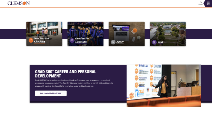 a Clemson University web page showing a purple bar design element with a headline, copy, and floated image to the right. 