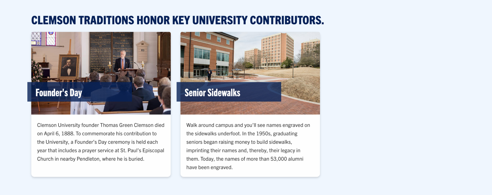 two cards with information on Founders Day and Senior Sidewalks