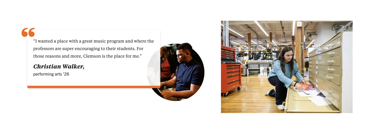 A two-column Clemson web page showing two a quote from a student along with their picture, name, and major information on the left and an image of a student working in a shop setting on the right.