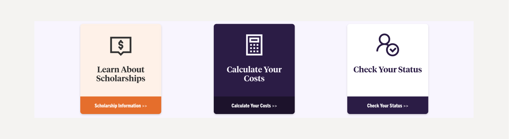 icon cards in a row showing links for scholarship information, calculate your costs, and check your status